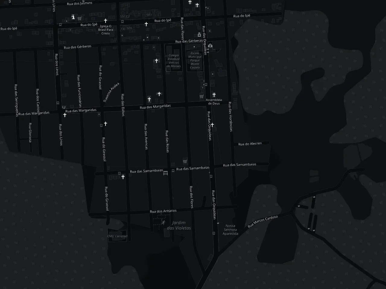 Mapa das ruas do São Dimas, em Colombo, com a New Star Marmoraria na R. das Flores
